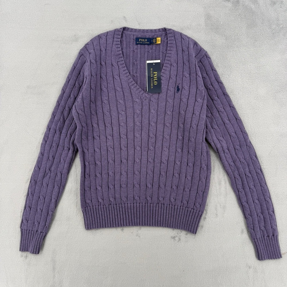 Polo Ralph Lauren Sweater Women's M Cable Knit V Neck Pullover Pony Purple - Picture 2 of 11